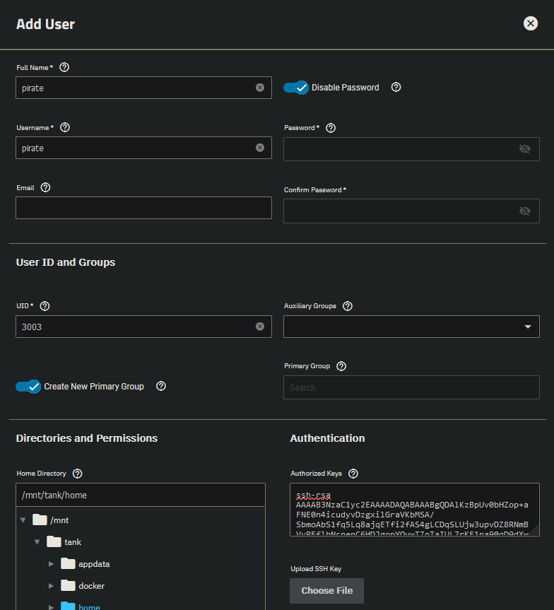 user creation panel